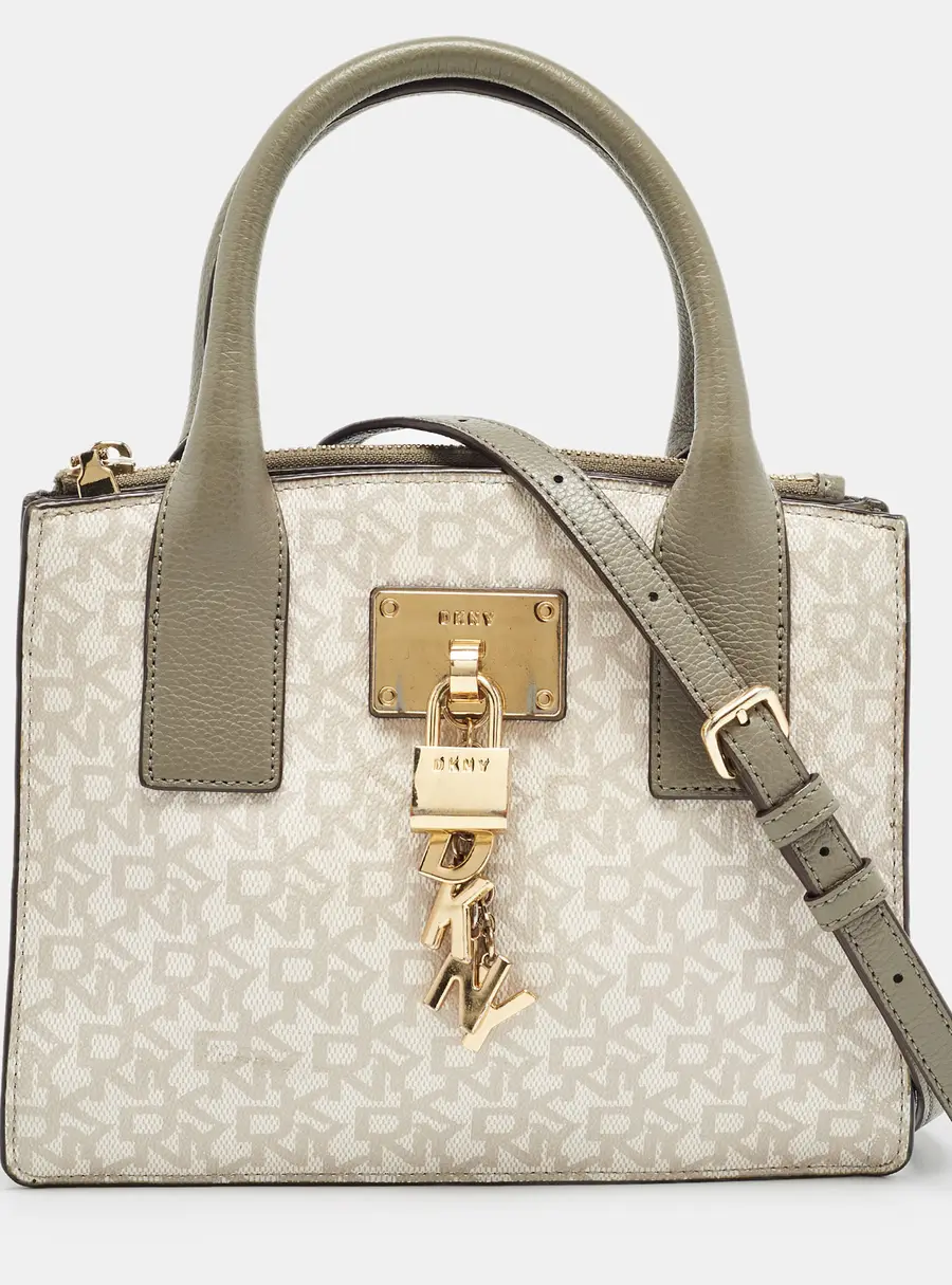 DKNY Grey/Beige Signature Coated Canvas and Leather Padlock Charm Tote