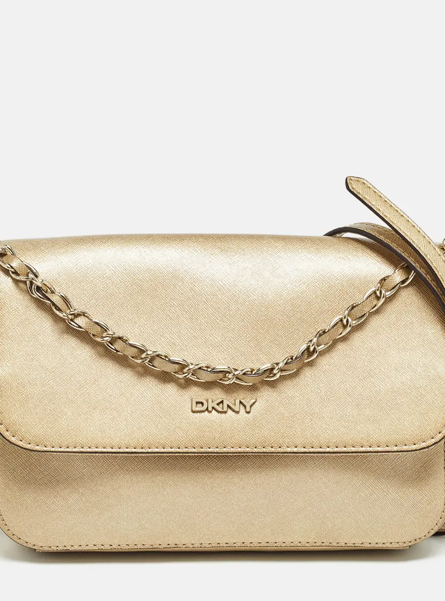 Dkny Gold Leather Logo Flap Crossbody Bag