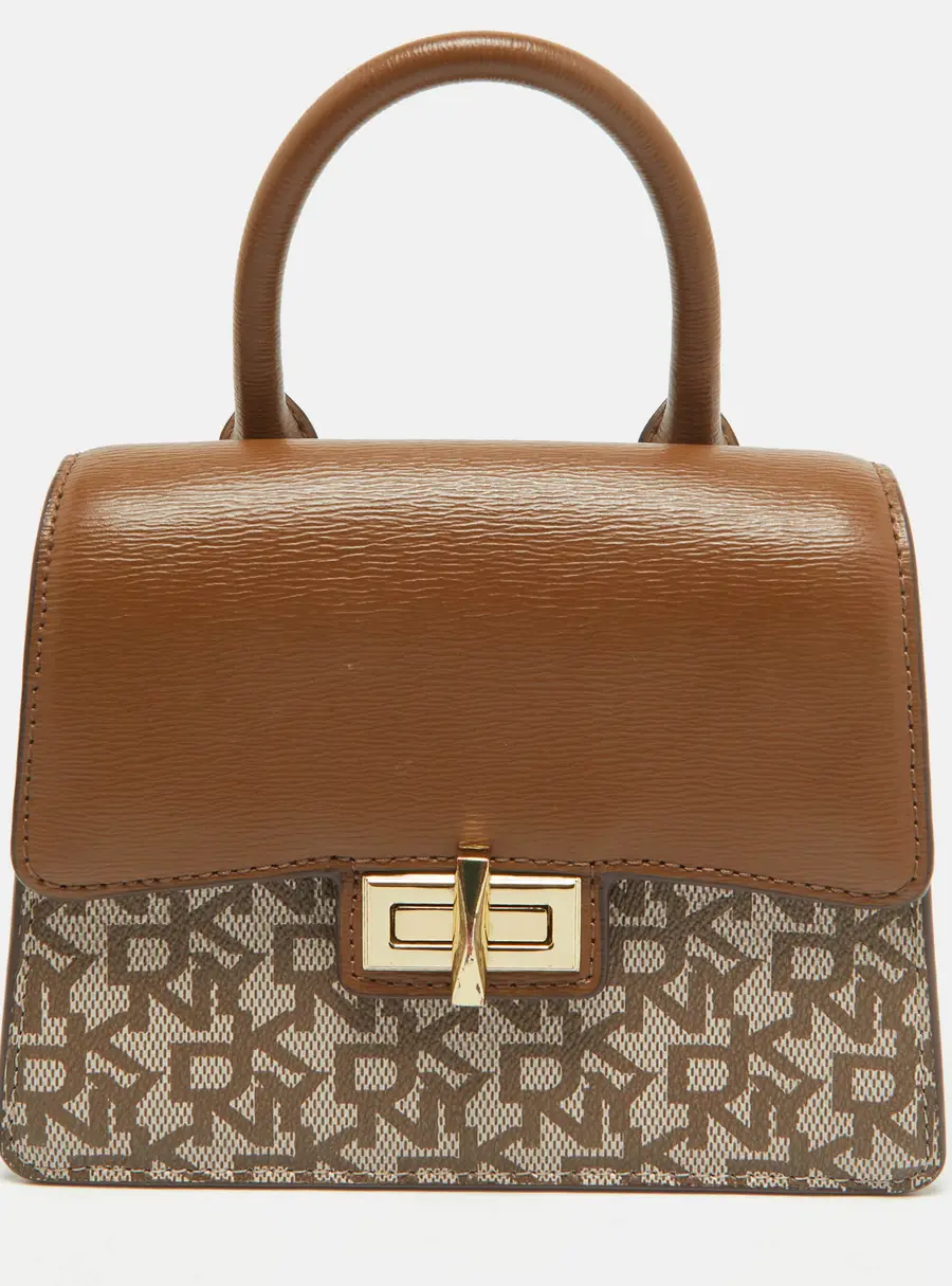 DKNY Brown/Beige Monogram Coated Canvas and Leather Flap Top Handle Bag