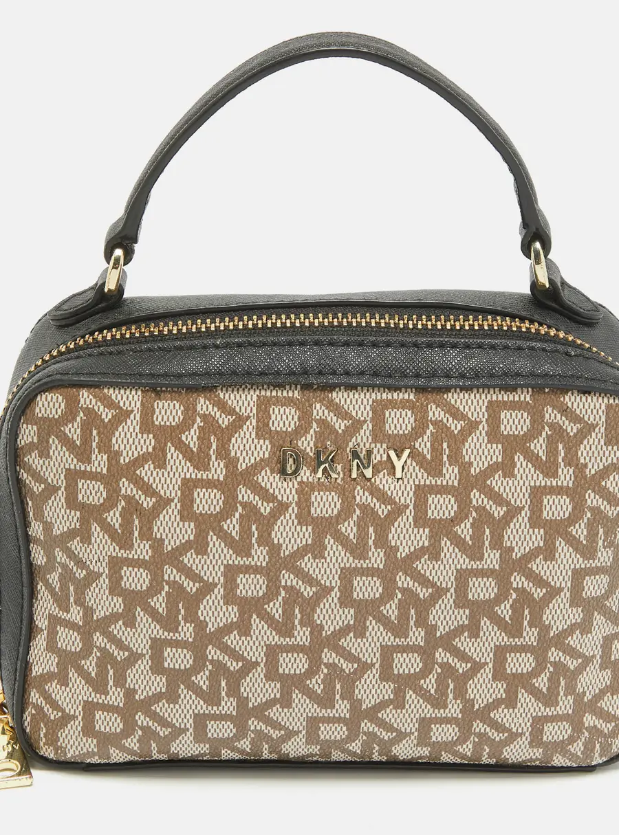 Dkny Black/Beige Monogram Coated Canvas and Leather Zip Top Handle Bag