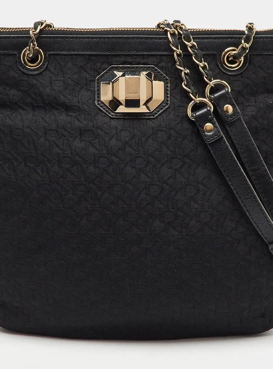 DKNY Black Signature Canvas and Leather Chain Shoulder Bag