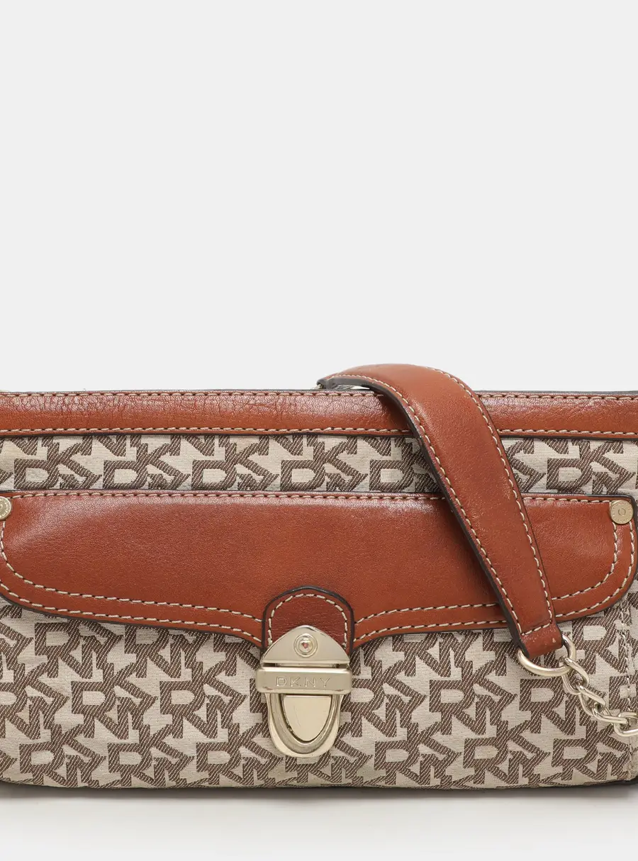 DKNY Beige/Brown Signature Canvas and Leather Shoulder Bag