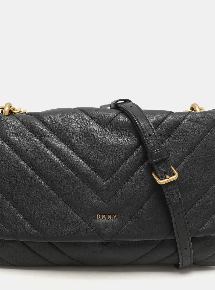 Dkny Black Quilted Leather Chain Flap Crossbody Bag