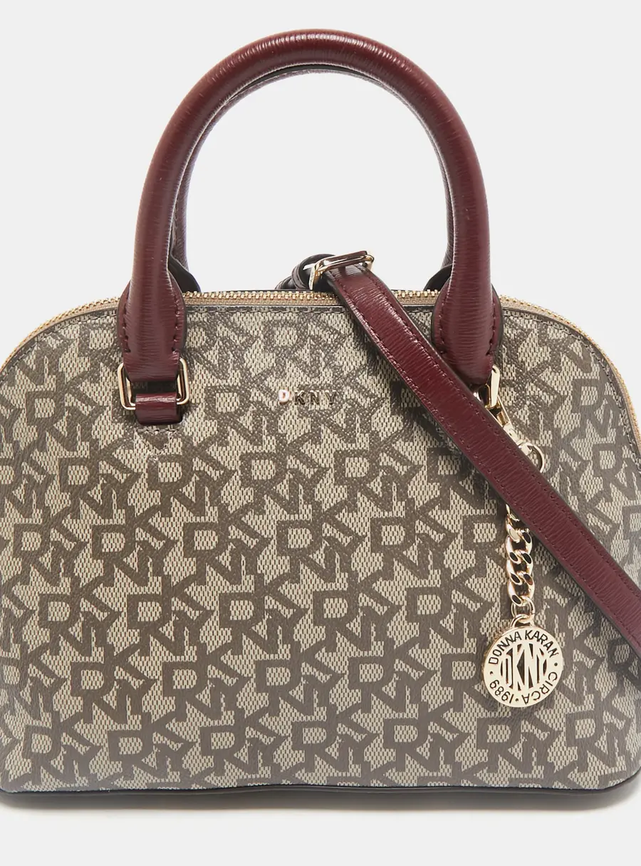Dkny Brown/Maroon Signature Coated Canvas and Leather Small Dome Satchel