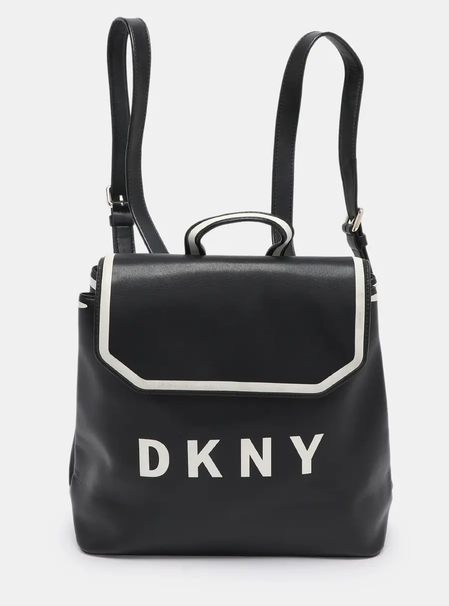 DKNY Black Leather Logo Print Jade Flap Backpack