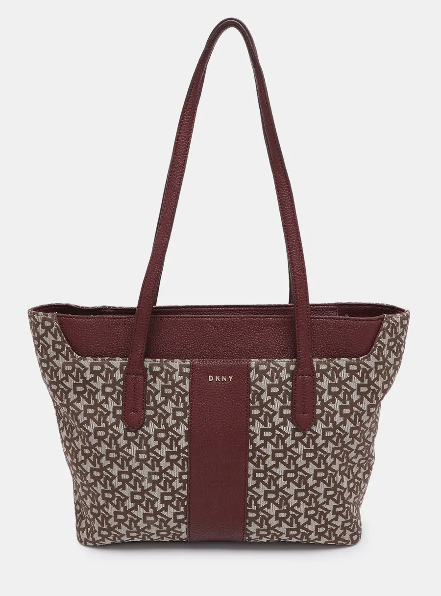 Dkny Beige/Burgundy Canvas and Leather Tote