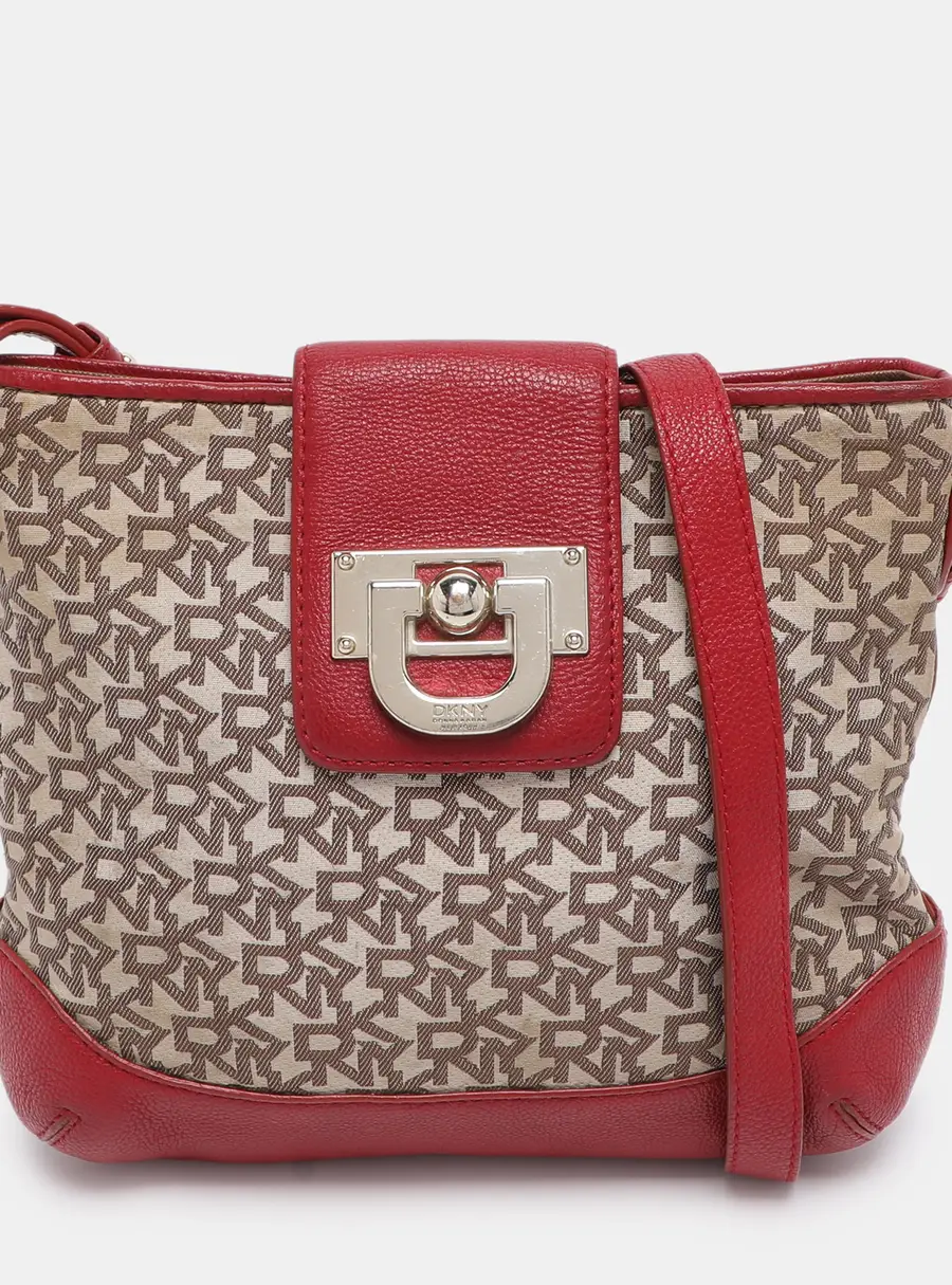 Dkny Beige/Red Canvas and Leather Crossbody Bag