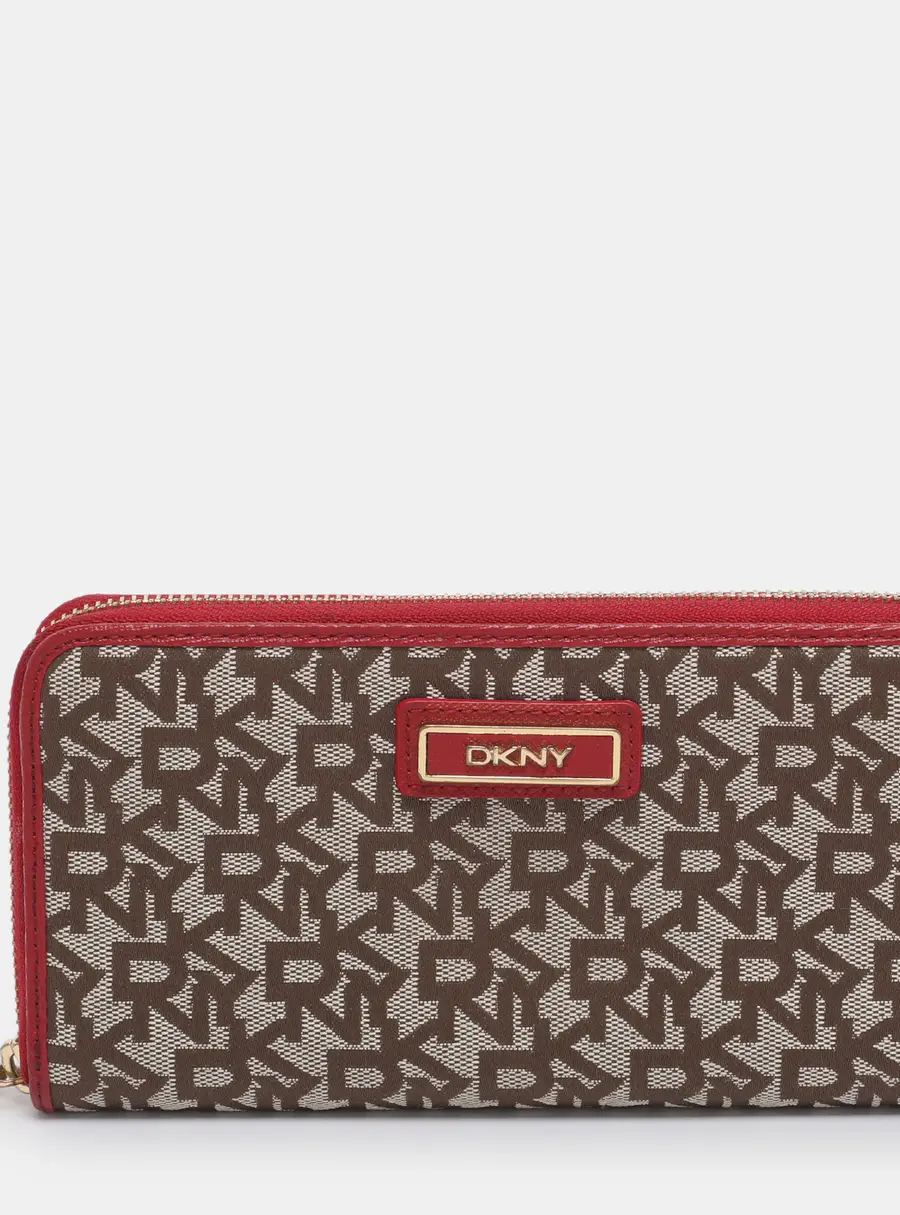DKNY Beige/Red Canvas and Leather Zip Around Wallet