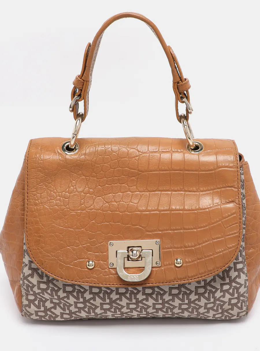 Dkny Beige Canvas and Croc Embossed Leather Top Handle Bags