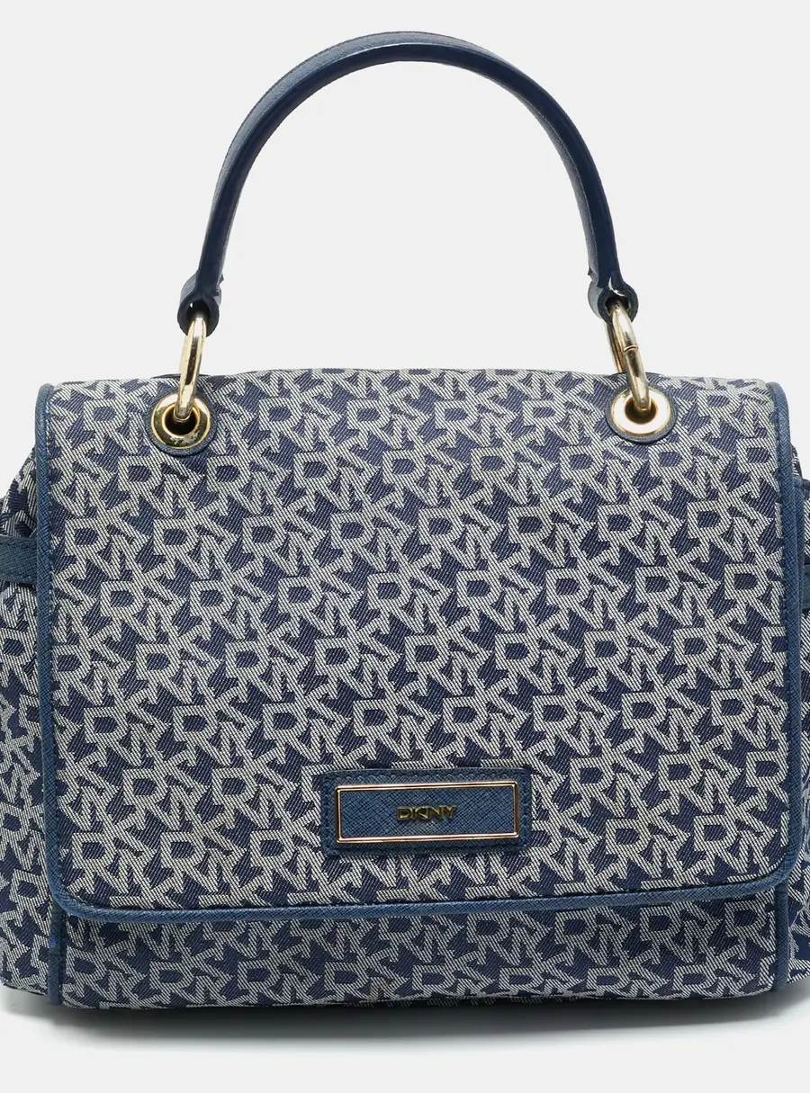 DKNY Blue Signature Canvas and Leather Trim Flap Top Handle Bag
