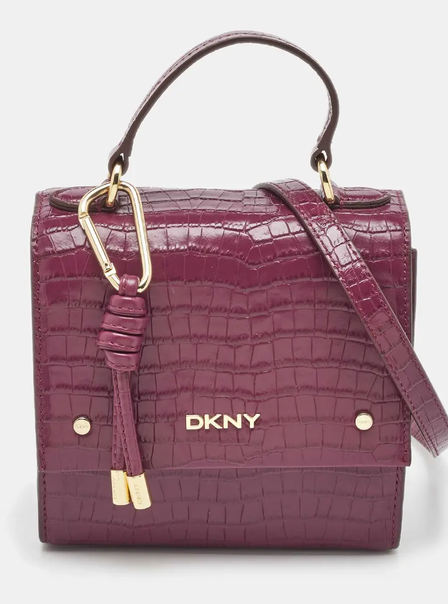 DKNY Burgundy Croc Embossed Leather Flap Top Handle Bag