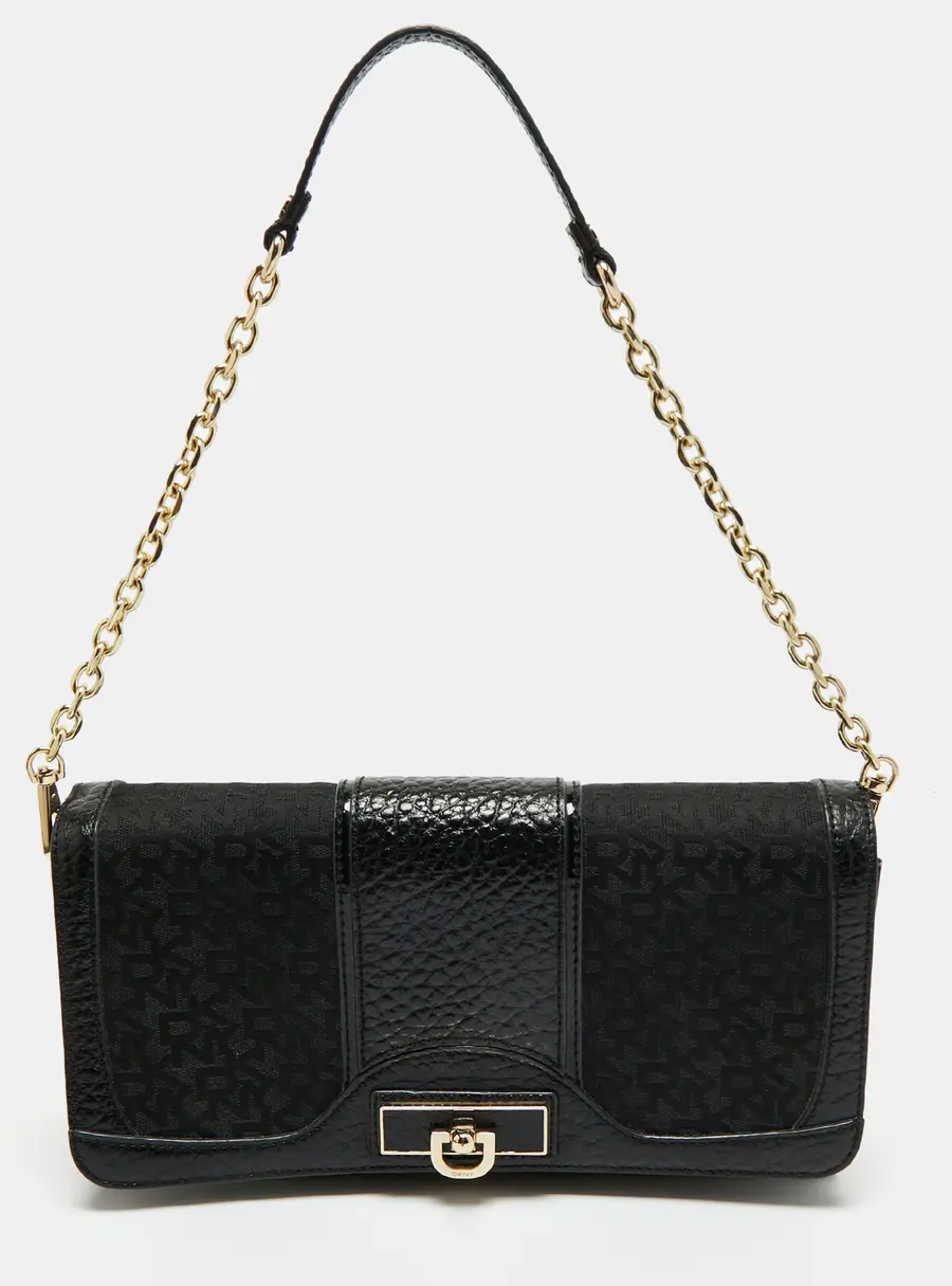 DKNY Black Signature Fabric and Leather Flap Chain Shoulder Bag