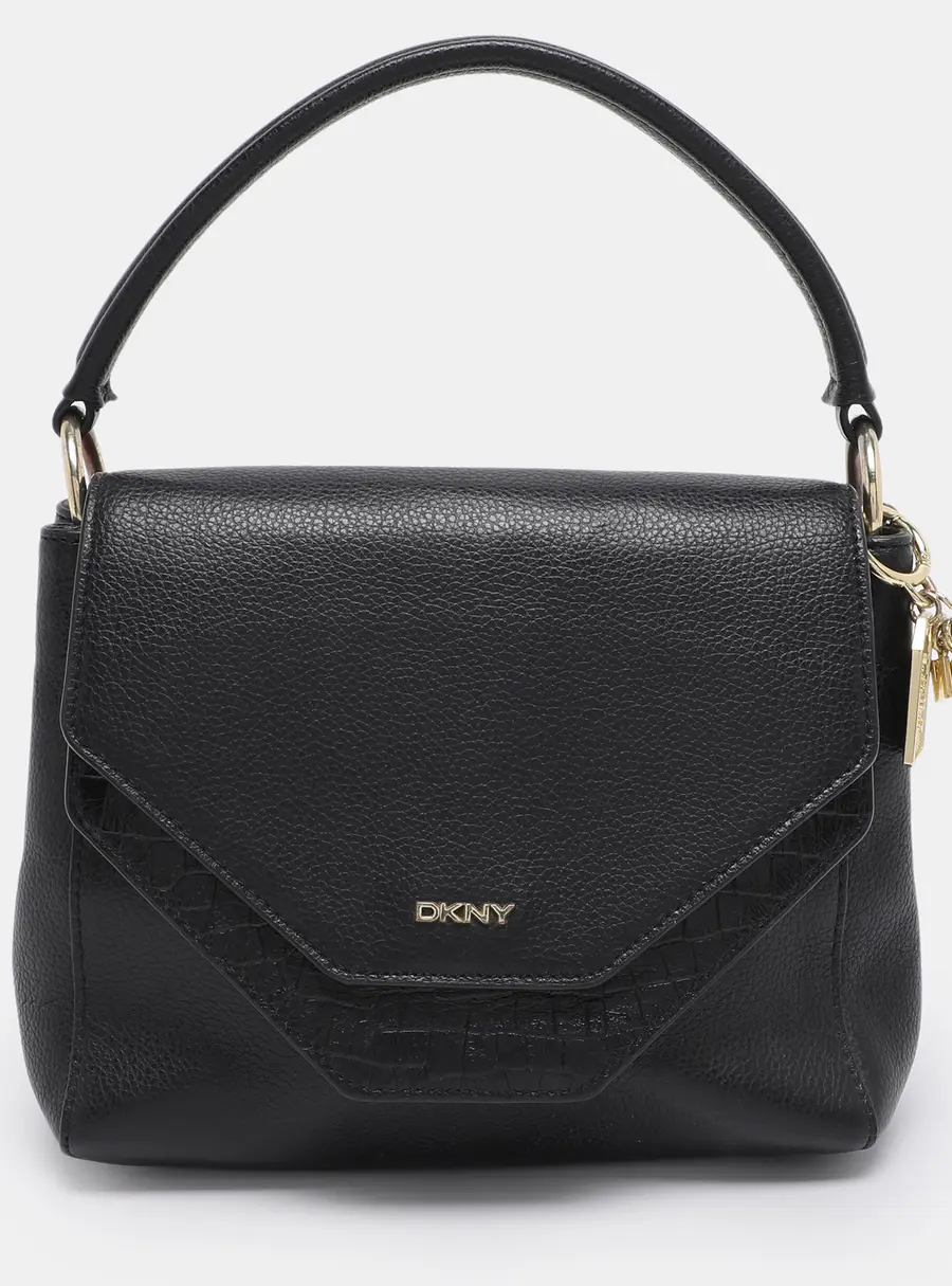 DKNY Black Leather and Croc Embossed Leather Top Handle Bag