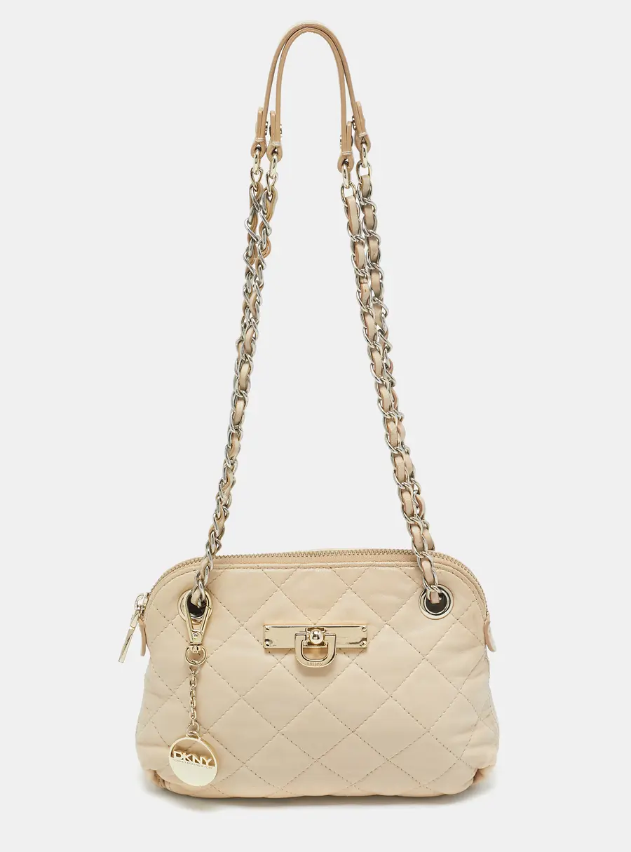 DKNY Light Beige Quilted Leather Small Zip Shoulder Bag