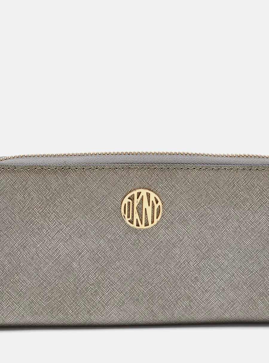 DKNY Metallic Grey Saffiano Leather Logo Zip Around Wallet