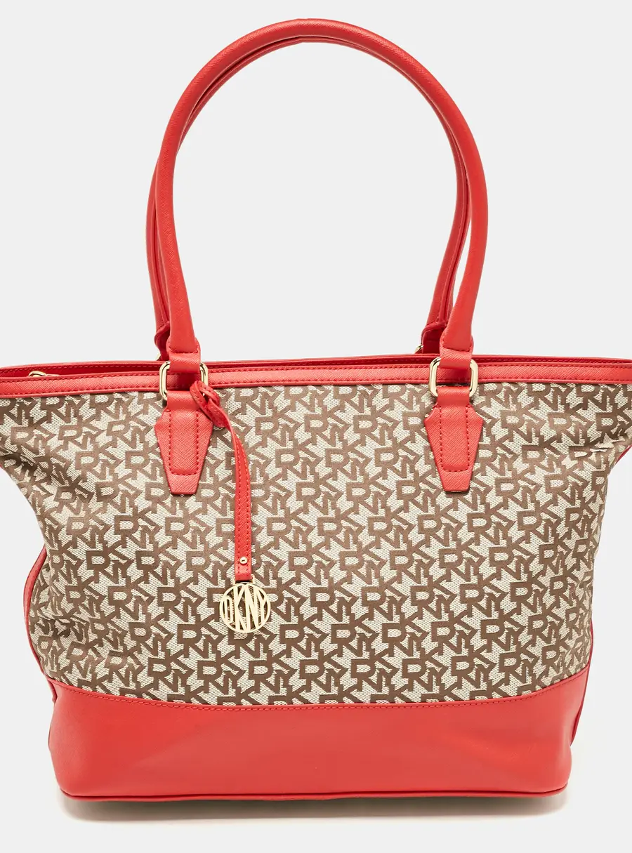DKNY Red/Beige Signature Canvas and Leather Zip Tote