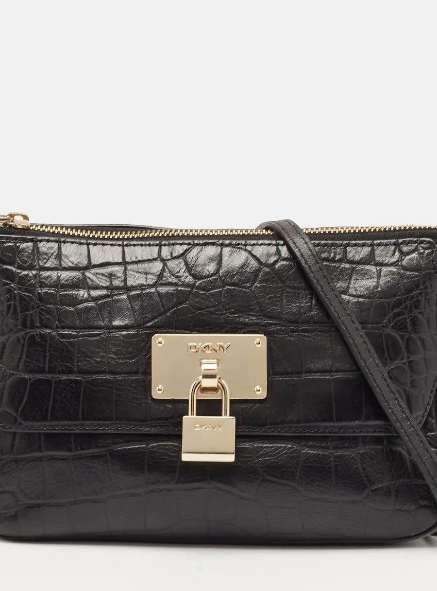 DKNY Black Croc Embossed Leather Padlock Crossbody Bag