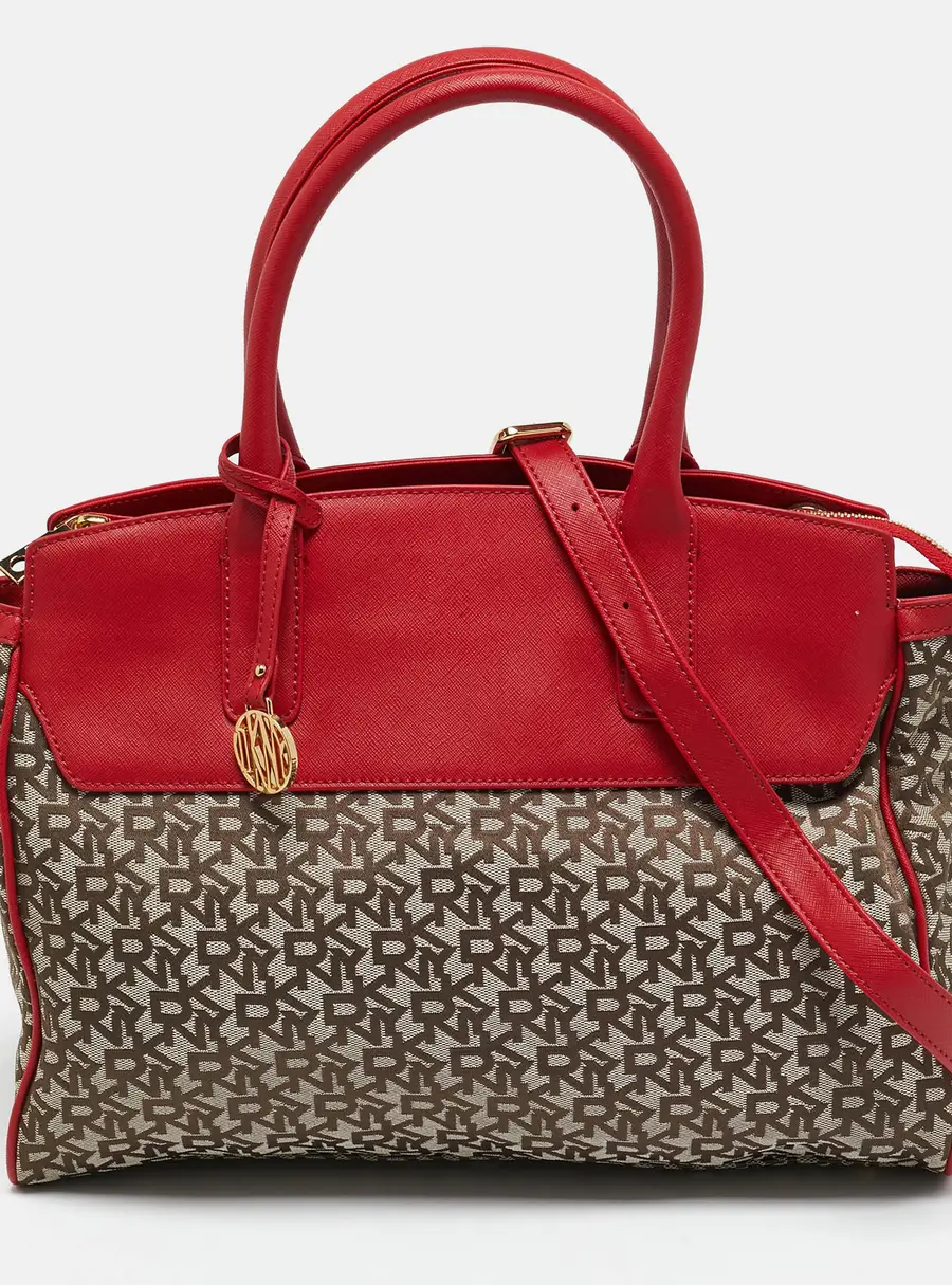 Dkny Red/Beige Monogram Fabric and Leather Zip Tote