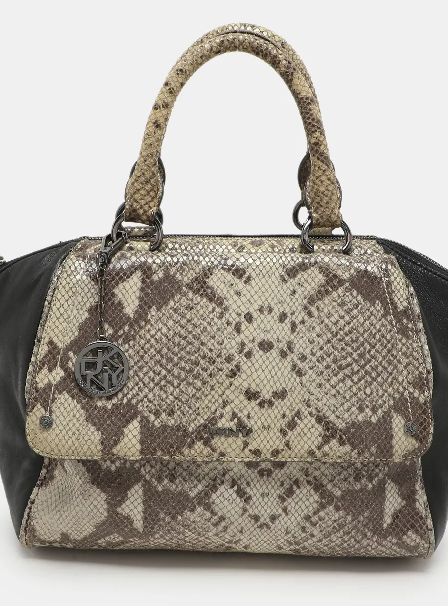 Dkny Grey/Black Leather and Snake Print Leather Satchel
