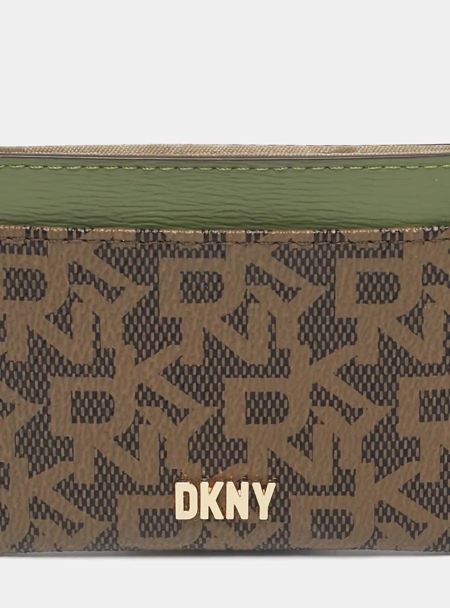 Dkny Brown/Green Monogram Coated Canvas and Leather Logo Card Holder