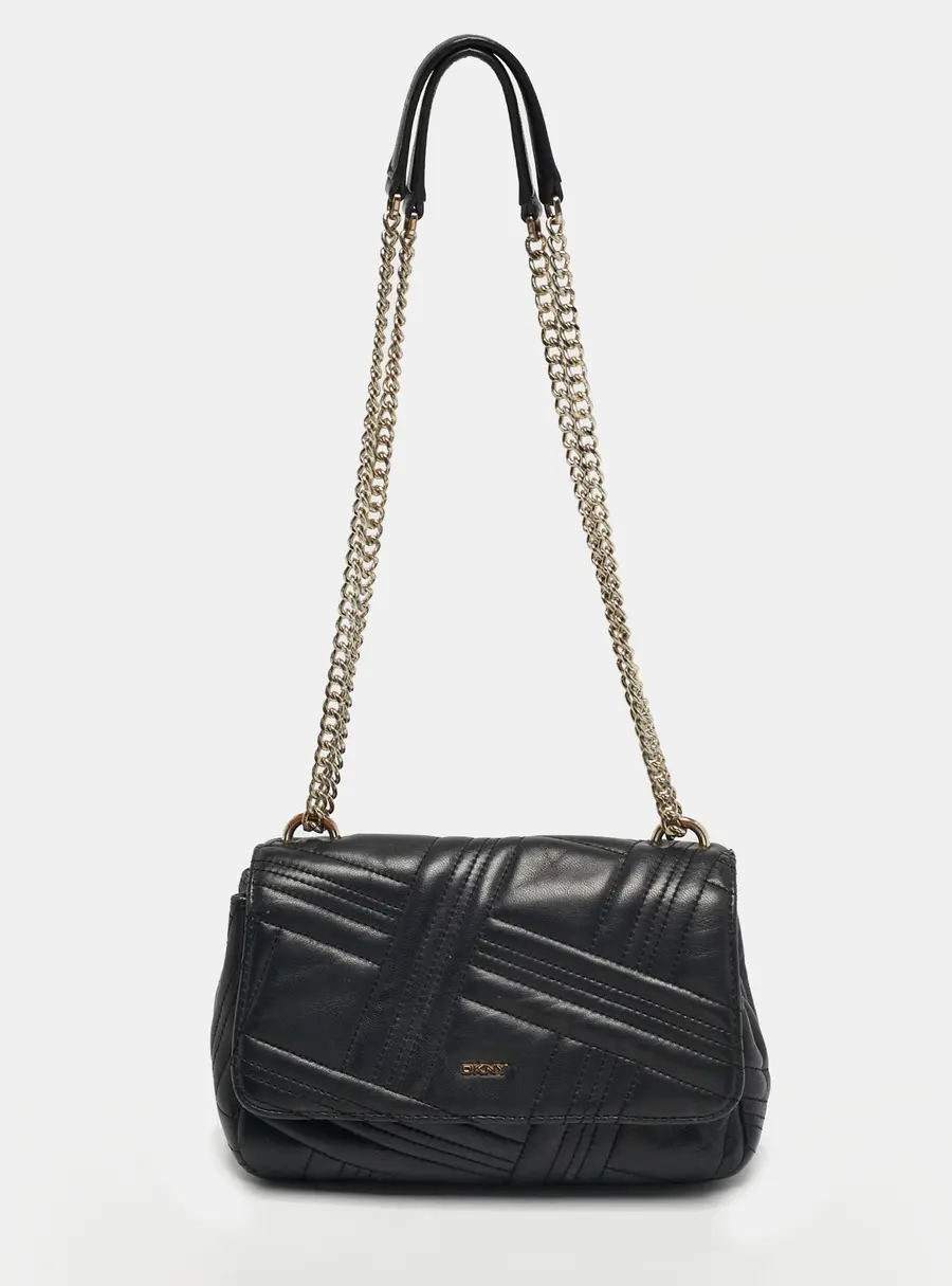 DKNY Black Quilted Leather Allen Flap Shoulder Bag