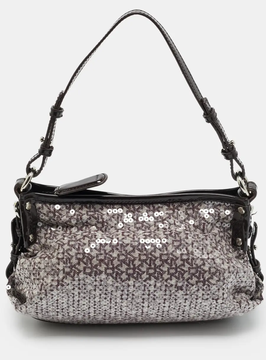 DKNY Monogram Plum Fabric, Patent Leather and Sequins Shoulder Bag