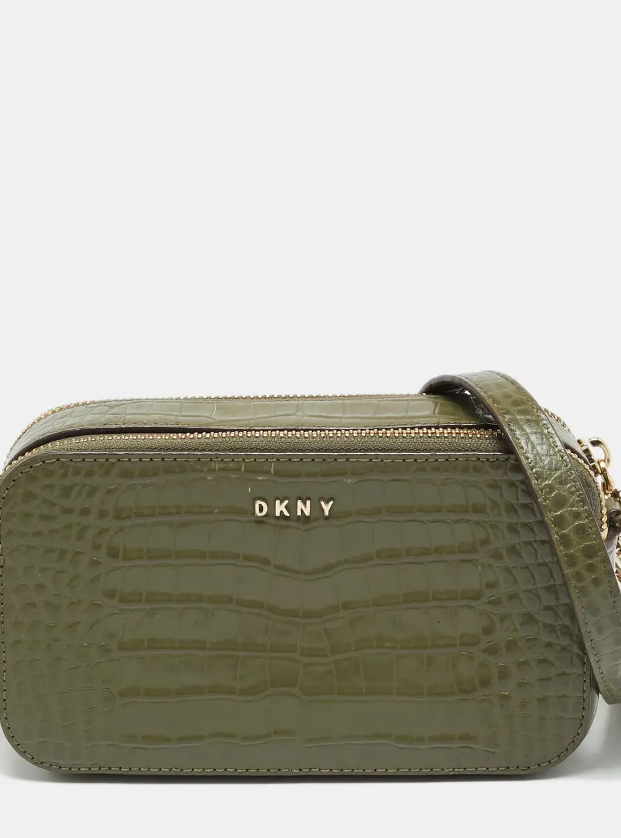 DKNY Double Zip Olive Green Croc Embossed Leather Crossbody Bag
