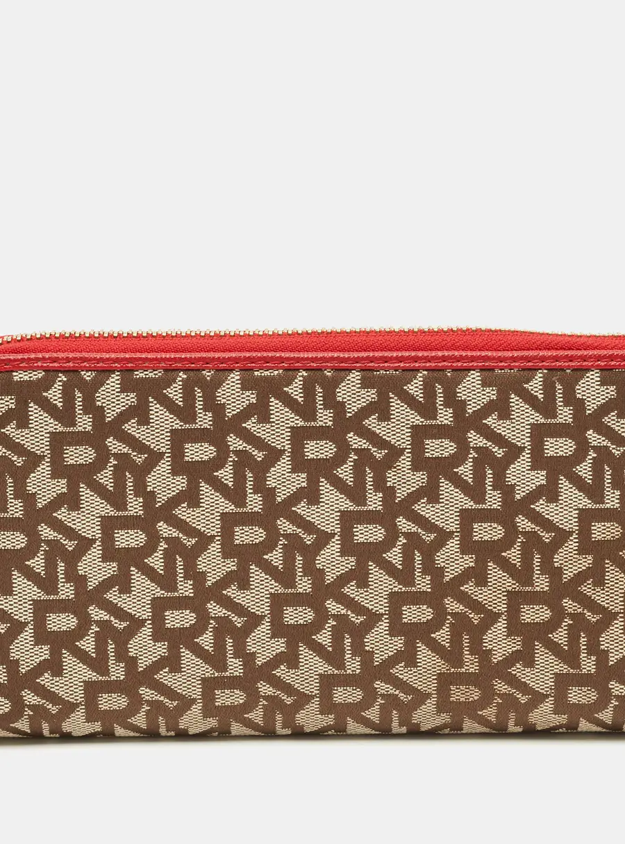 Dkny Beige/Red Monogram Fabric Zip Continental Wallet