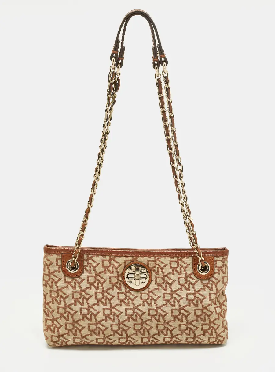 DKNY Beige/Brown Signature Canvas and Leather Chain Shoulder Bag