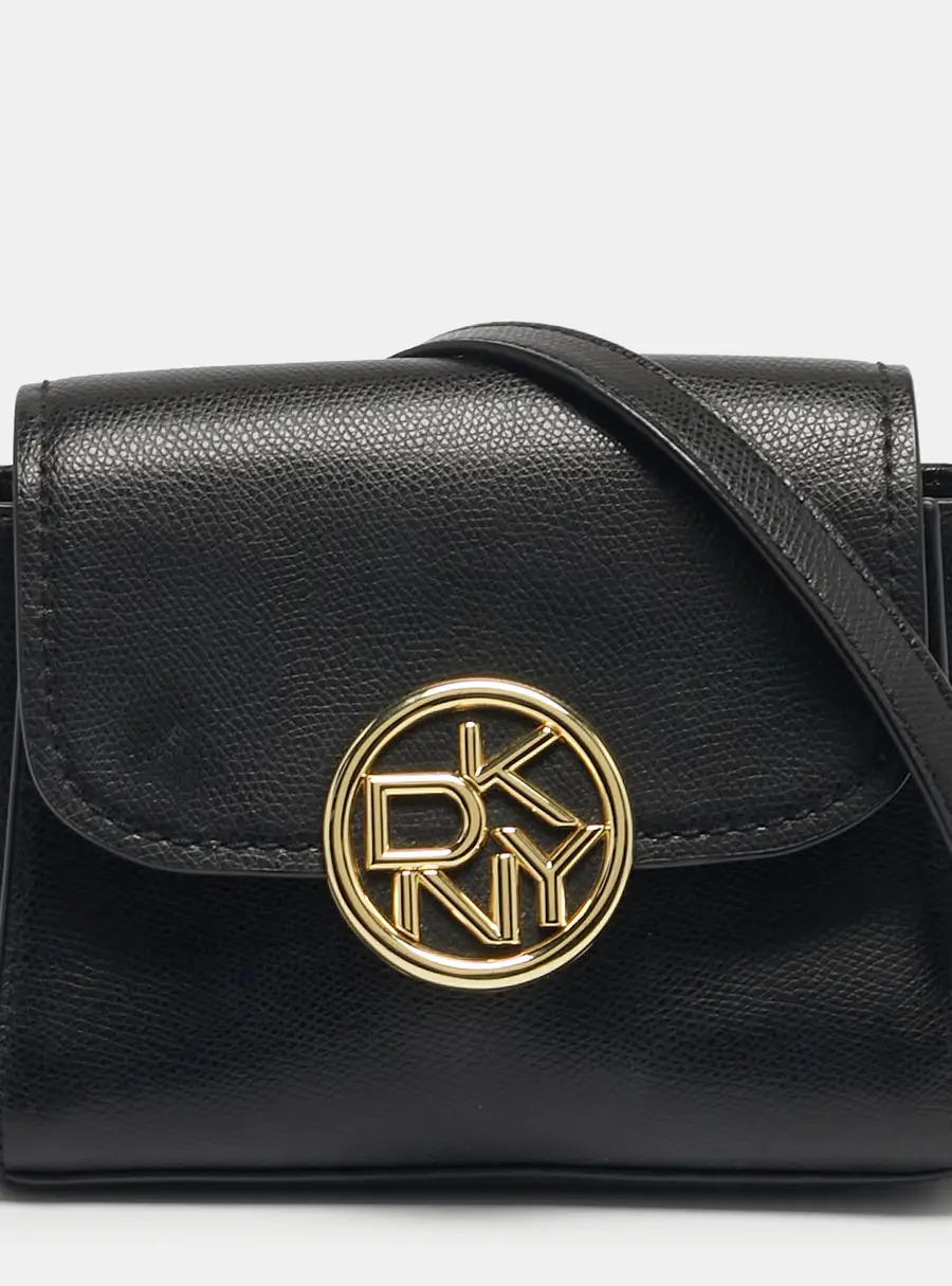DKNY Black Leather Logo Flap Crossbody Bag