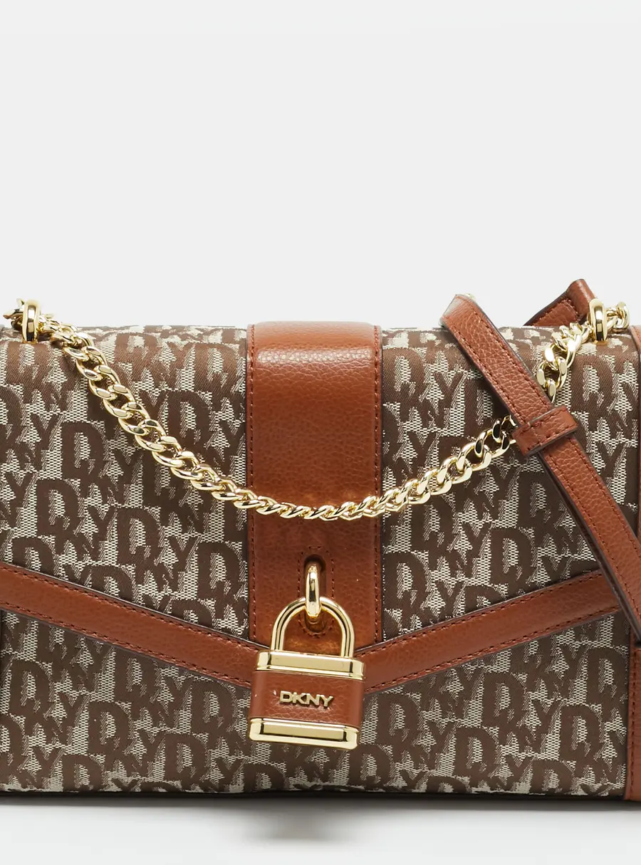 DKNY Ella Large Brown/Beige Signature Canvas and Leather Shoulder Bag