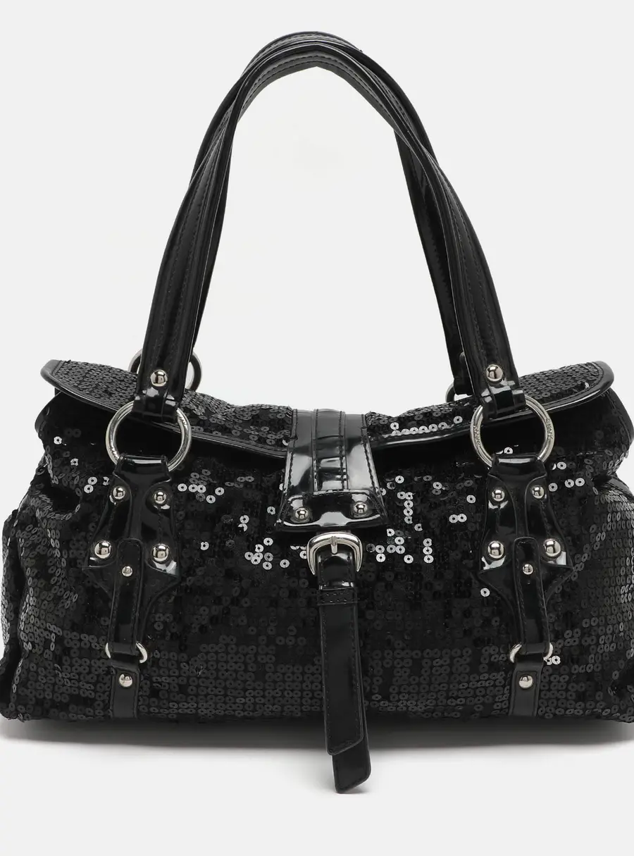 DKNY Black Patent Leather and Sequins Satchel