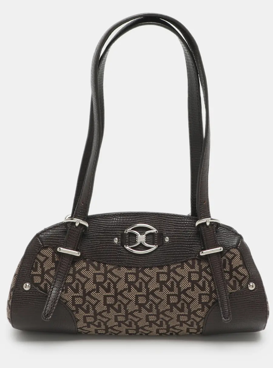 DKNY Brown Signature Canvas And Lizard Embossed Leather Satchel