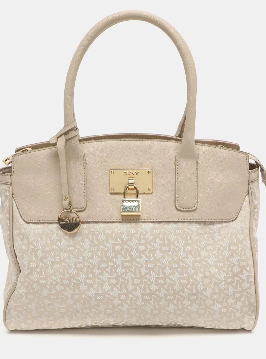 Dkny Heritage Lock Light Beige Signature Canvas and Leather Tote