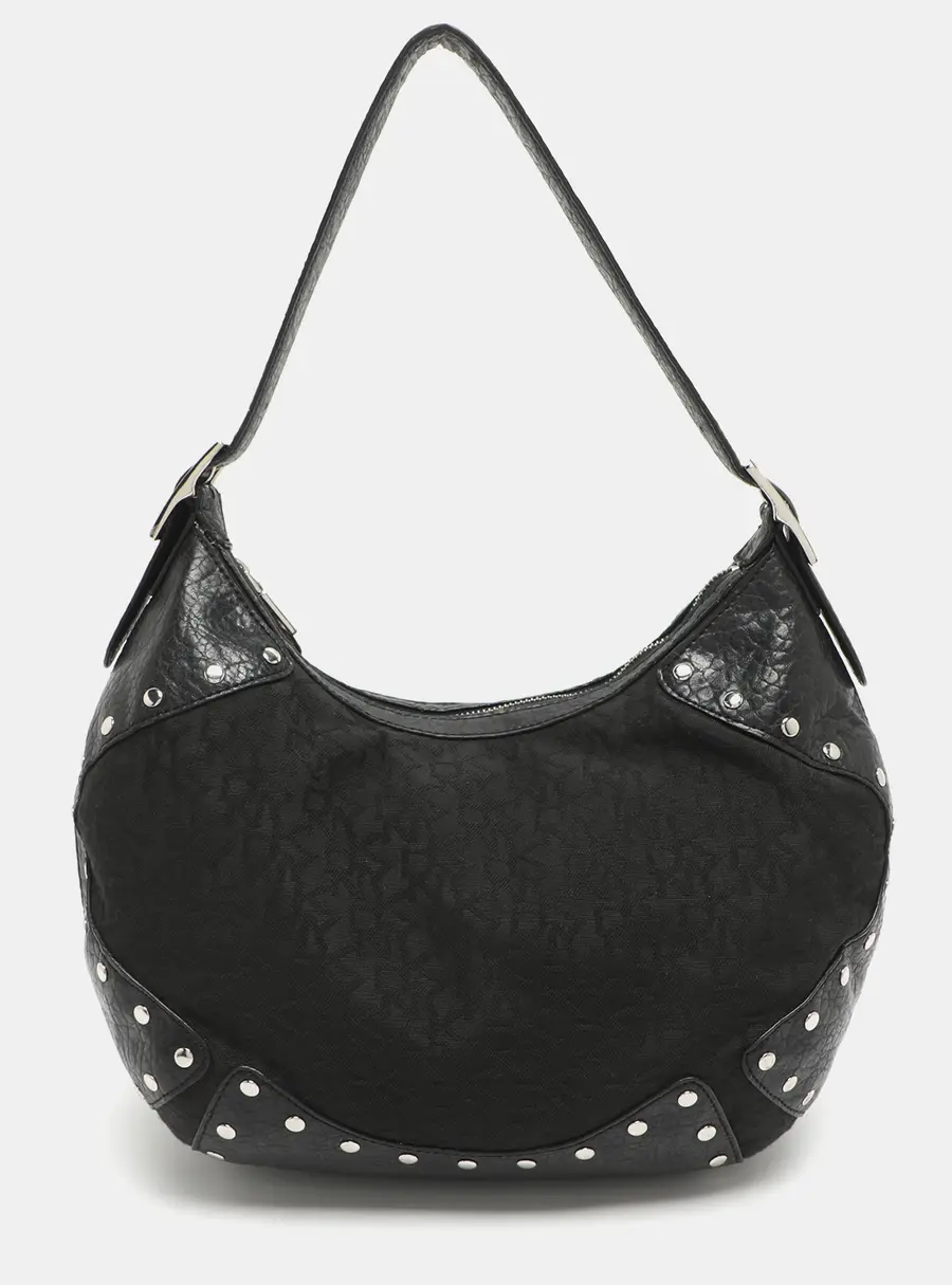 Dkny Black Canvas and Leather Studded Hobo