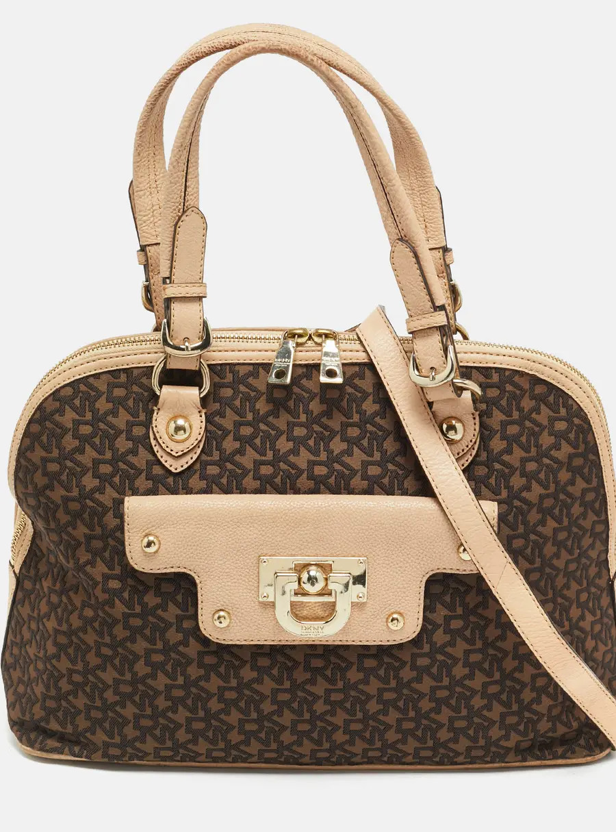 DKNY Brown/Blush Pink Jacquard Canvas and Leather Dome Satchel