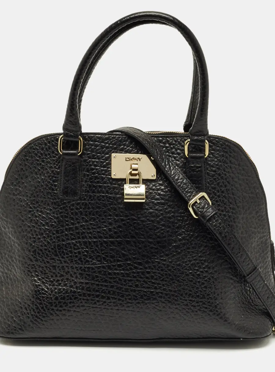 DKNY Black Pebbled Leather Padlock Dome Satchel