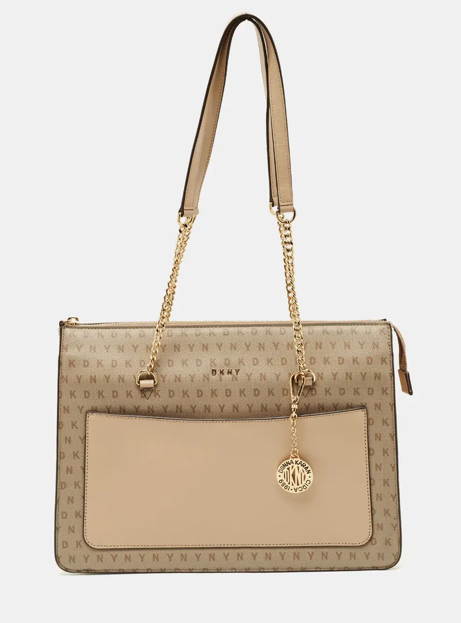 DKNY Beige Monogram Coated and Leather Large Bryant Chain Zip Tote