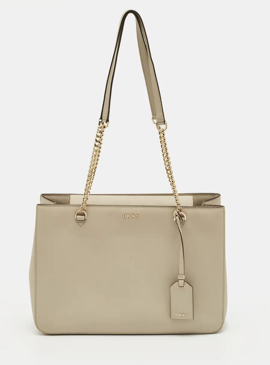 DKNY Light Beige Leather Bryant Park Chain Tote