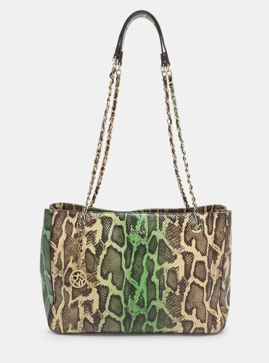 DKNY Green/Beige Python Embossed Leather Chain Tote
