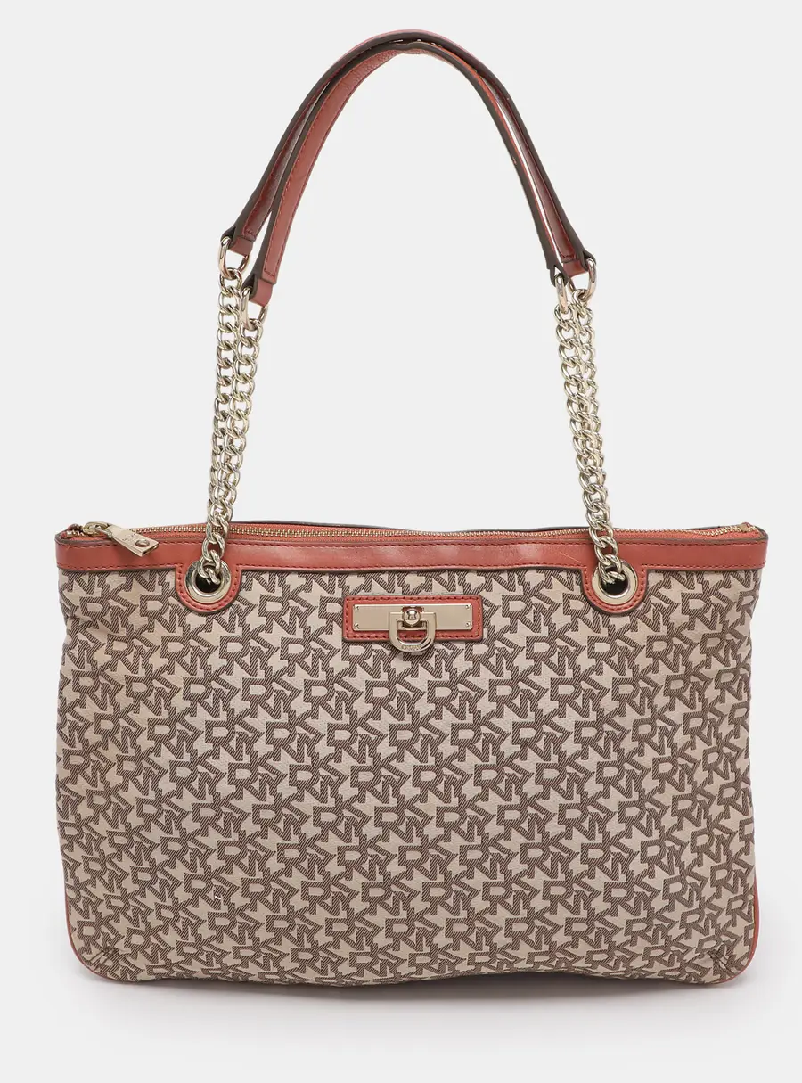 DKNY Brick Red/Beige Signature Coated Canvas And Leather Bryant Chain Shoulder Bag