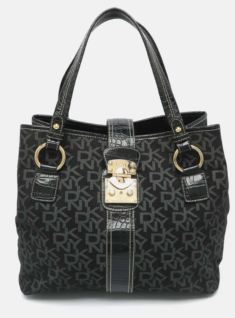 Dkny Black Signature Canvas and Croc Embossed Leather Tote