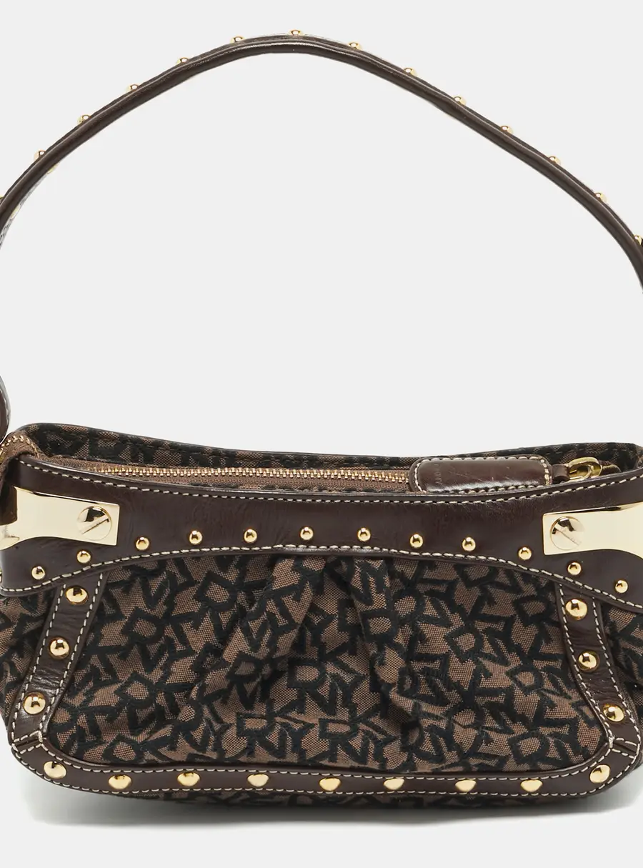 DKNY Brown Logo Jacquard Canvas and Leather Studded Shoulder Bag