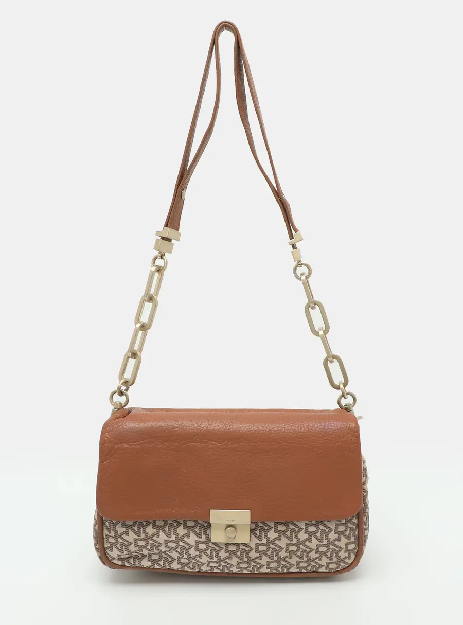 DKNY Beige/Brown Signature Canvas and Leather Shoulder Bag