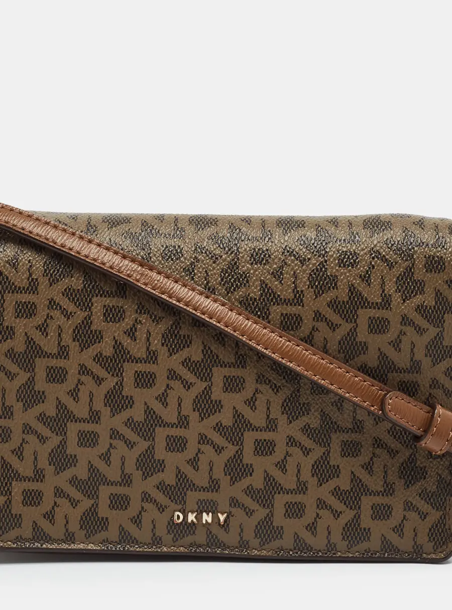 DKNY Bryant Brown Monogram Coated Canvas Flap Crossbody Bag