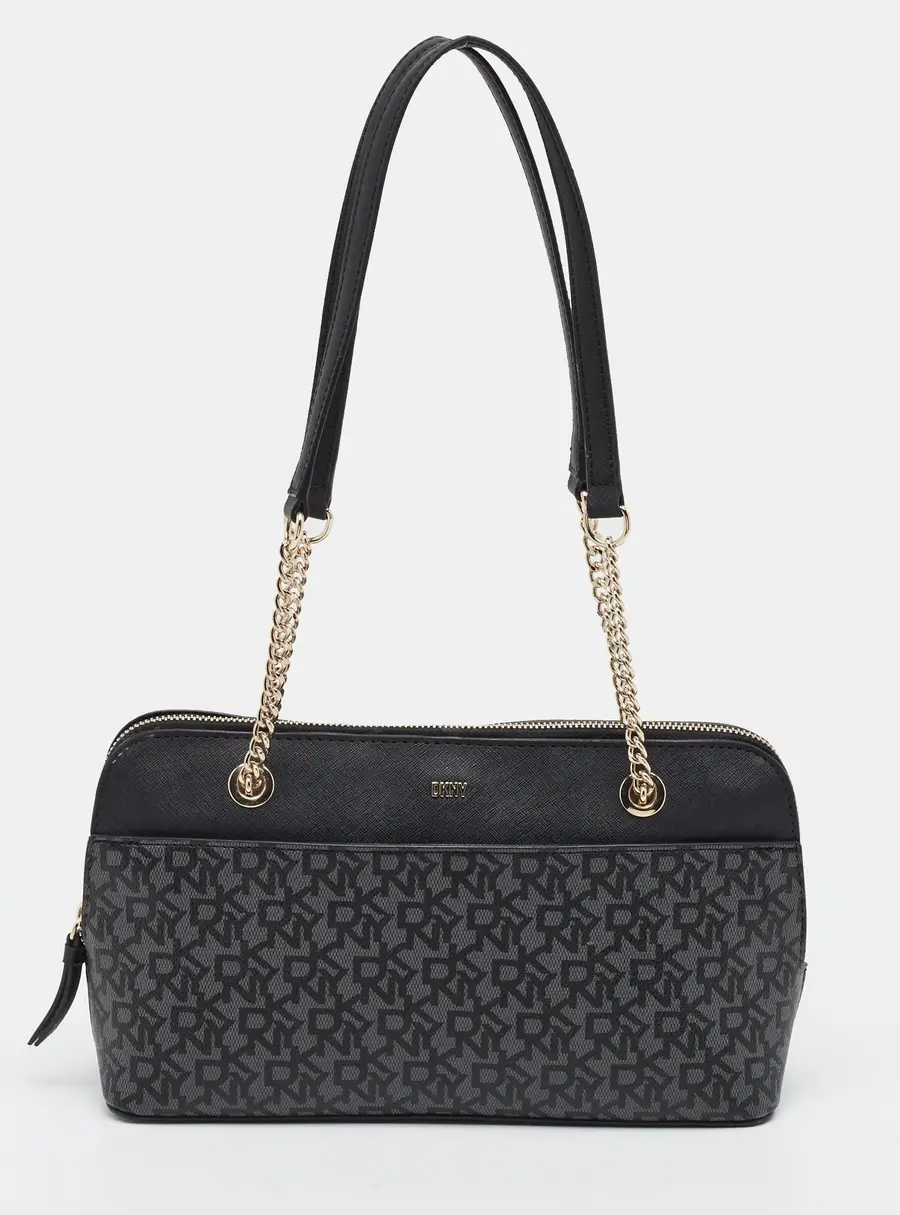 DKNY Bryant Park Medium Black Monogram PVC Zip Satchel