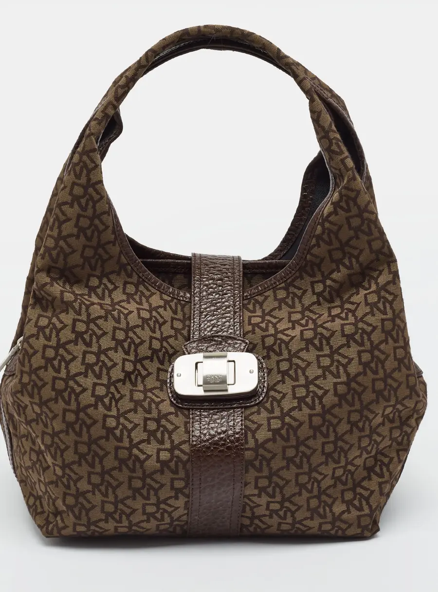 DKNY Twist Lock Brown Monogram Canvas and Croc Embossed Leather Hobo