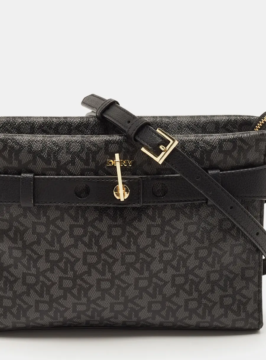 DKNY Bleeker East West Black/Grey Monogram Coated Canvas and Leather Crossbody Bag