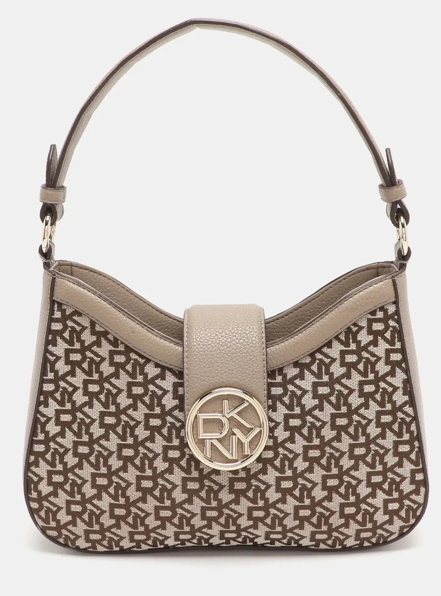 DKNY Beige Signature Canvas and Faux Leather Hobo