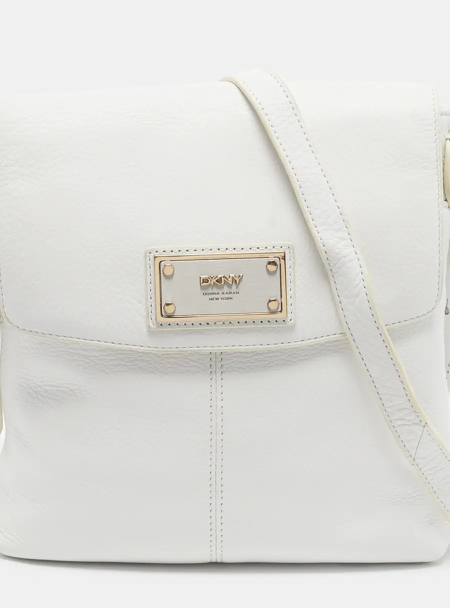 DKNY Logo Flap White Leather Crossbody Bag